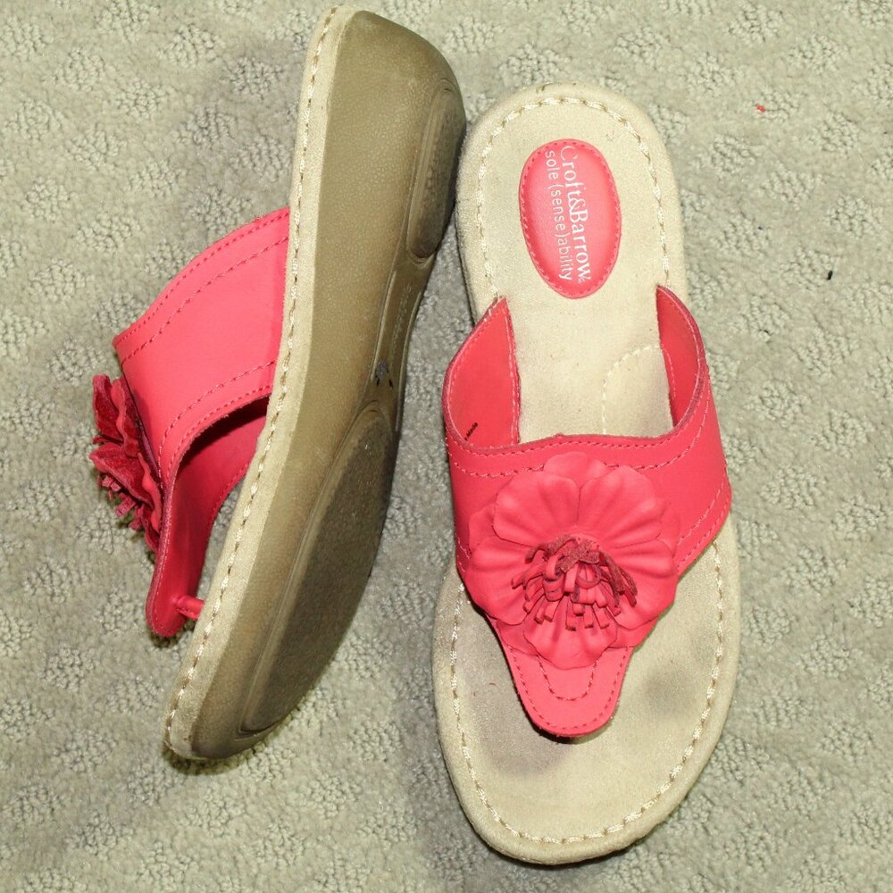Sz 7 Croft & Barrow Leather Slip On Thong Sandals Womens Coral Flower EUC